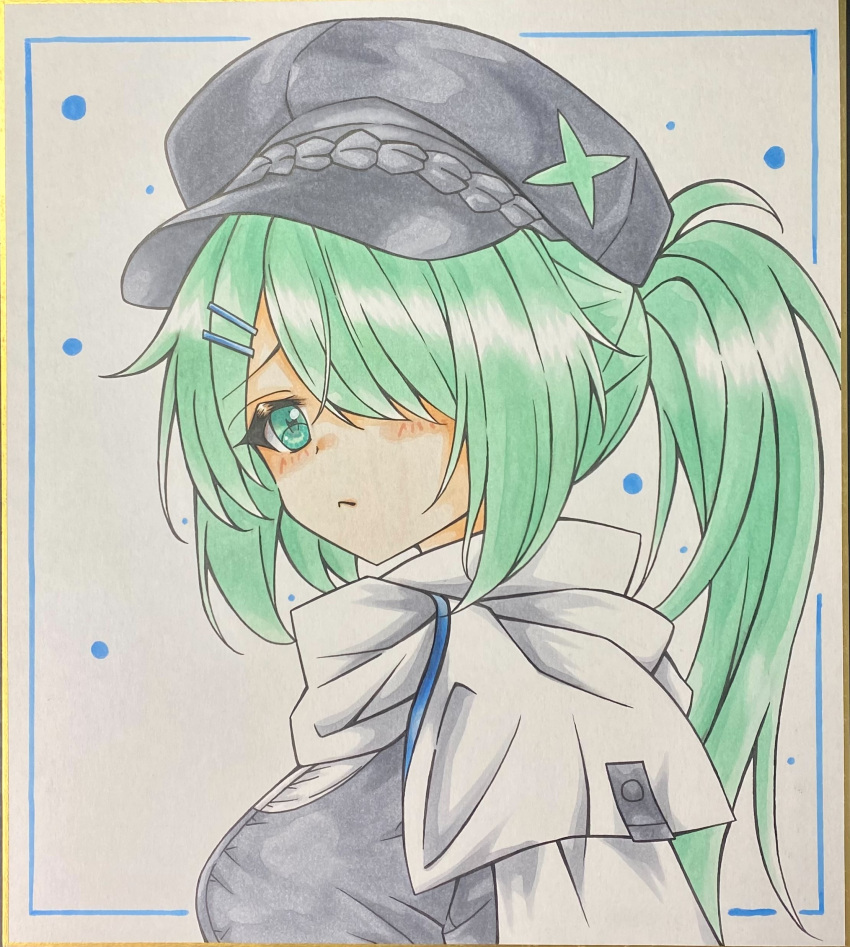 1girl absurdres black_headwear black_shirt blue_archive blush breasts cabbie_hat closed_mouth commentary_request dakkusu green_eyes green_hair hair_ornament hair_over_one_eye hairclip hat highres hiyori_(blue_archive) long_hair looking_at_viewer marker_(medium) medium_breasts ponytail shirt solo traditional_media upper_body
