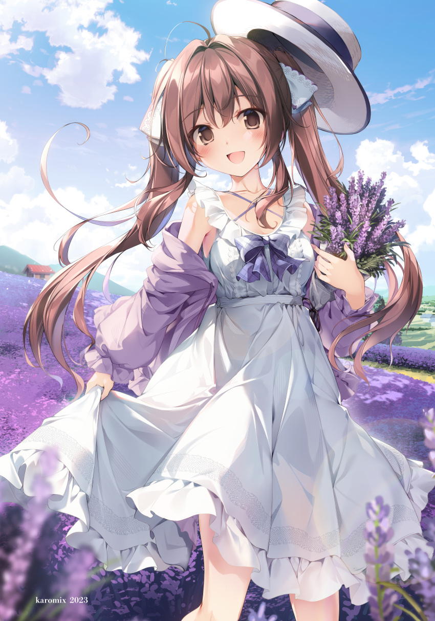 1girl absurdres aomi_kanon blue_sky bouquet brown_eyes brown_hair clouds commentary_request day dress field floating_hair flower flower_field hat highres jacket karory lavender_(flower) long_hair looking_at_viewer off_shoulder open_mouth original outdoors purple_jacket skirt_hold sky sleeveless sleeveless_dress solo straw_hat sundress twintails violet_(flower) white_dress wind