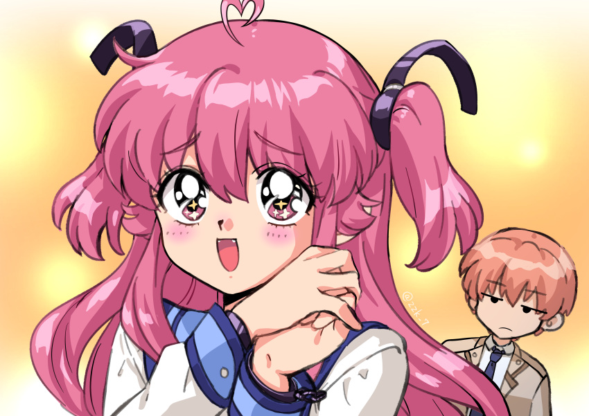 1990s_(style) 1boy 1girl :d absurdres ahoge angel_beats! black_ribbon blue_sailor_collar blush commentary_request excited eyelashes eyes_visible_through_hair fangs hair_between_eyes hair_ribbon heart heart_ahoge highres itou_ikuko_(style) long_hair long_sleeves open_mouth orange_background orange_hair own_hands_together pink_eyes pink_hair retro_artstyle ribbon sailor_collar shinda_sekai_sensen_uniform shirt short_hair simple_background smile solo_focus sparkling_eyes twitter_username two_side_up upturned_eyes white_shirt yui_(angel_beats!) zuzuhashi