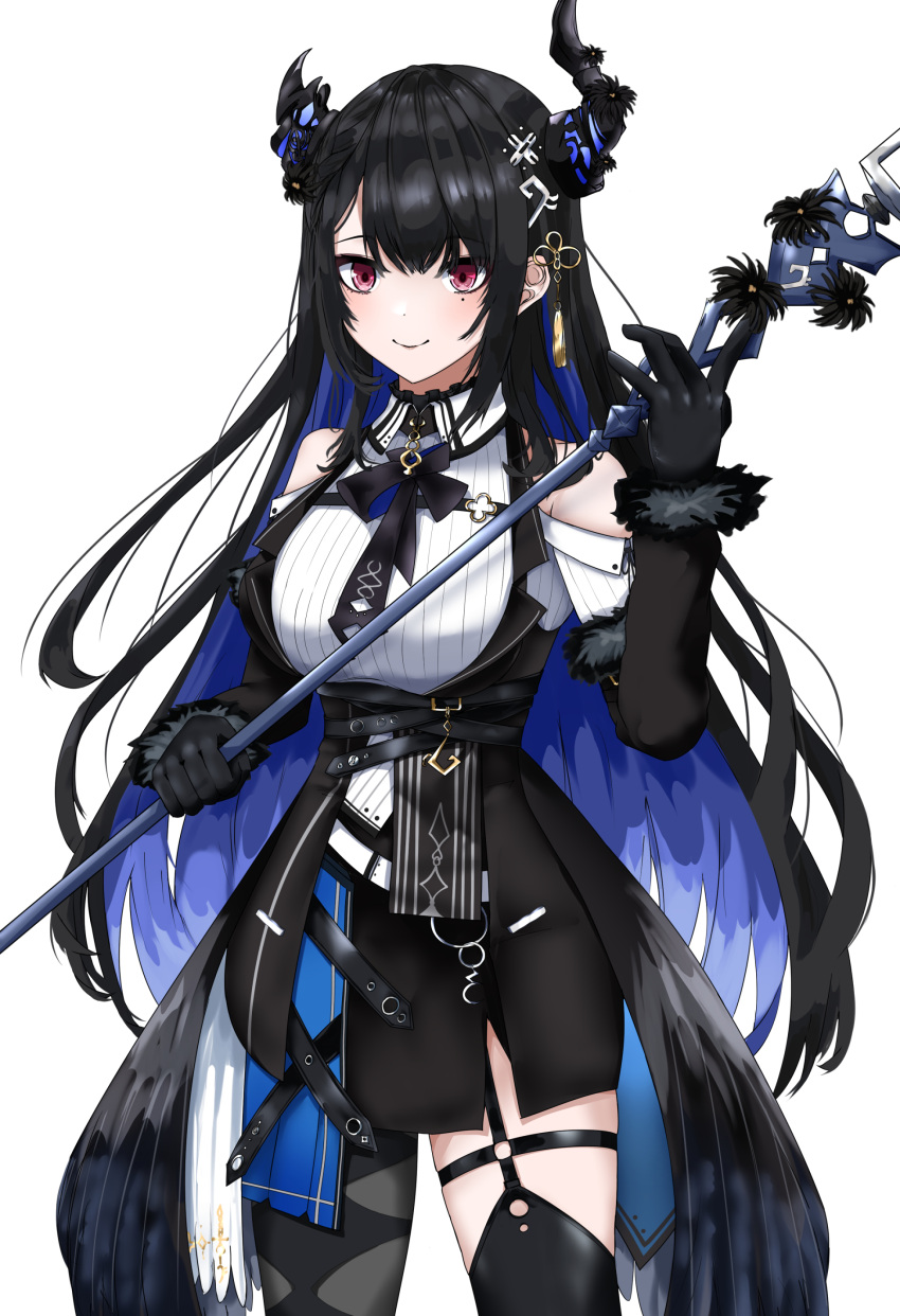 1girl absurdres aidoruhakase asymmetrical_horns black_dress black_gloves black_hair black_thighhighs blue_hair colored_inner_hair dress fur_trim gloves hair_ornament highres hololive hololive_english horns long_hair looking_at_viewer mole mole_under_eye multicolored_hair nerissa_ravencroft red_eyes simple_background smile solo staff thigh-highs thigh_strap two-tone_hair uneven_horns virtual_youtuber white_background