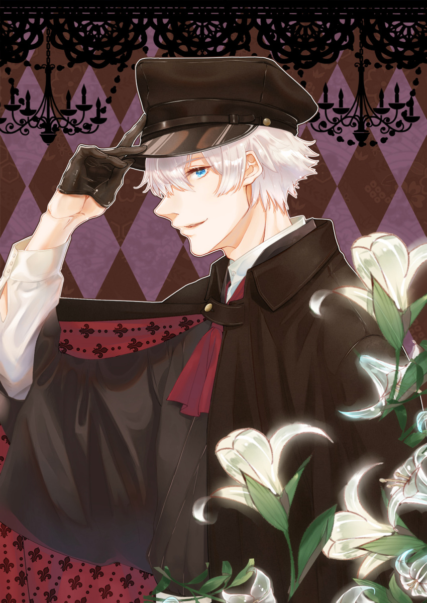1boy alternate_costume argyle argyle_background black_gloves blue_eyes chandelier charles-henri_sanson_(fate) dress_shirt fate/grand_order fate_(series) gloves glowing_flower hat highres japanese_clothes male_focus military_hat moyun parted_lips shirt short_hair upper_body white_hair white_lily white_shirt wide_sleeves