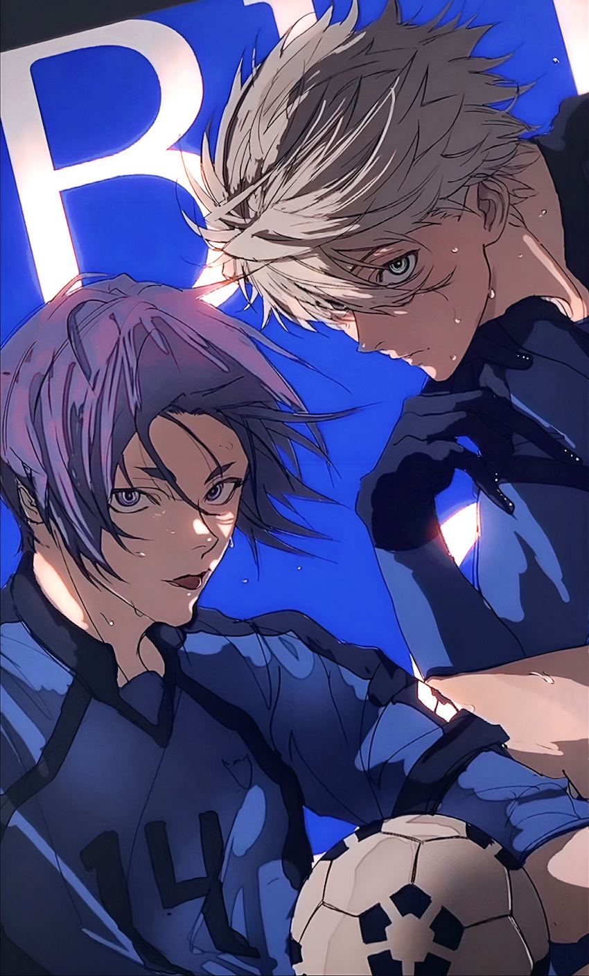 2boys :p absurdres ball black_gloves blue_background blue_lock blue_shirt bo_toike57 commentary expressionless floating_hair flying_sweatdrops gloves green_eyes hair_between_eyes highres looking_at_viewer male_focus mikage_reo multiple_boys nagi_seishirou parted_bangs parted_lips purple_hair shirt short_eyebrows short_hair sidelocks simple_background soccer_ball soccer_uniform sportswear sweat sweatdrop symbol-only_commentary thick_eyebrows tongue tongue_out upper_body violet_eyes white_hair