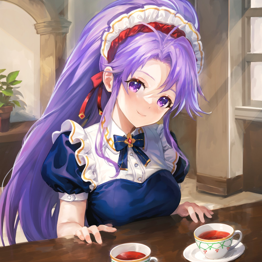 1girl cup fire_emblem fire_emblem:_genealogy_of_the_holy_war fire_emblem_heroes highres jurge long_hair looking_at_viewer maid maid_headdress plant ponytail potted_plant purple_hair smile table tailtiu_(fire_emblem) tailtiu_(tea_party)_(fire_emblem) tea teacup violet_eyes
