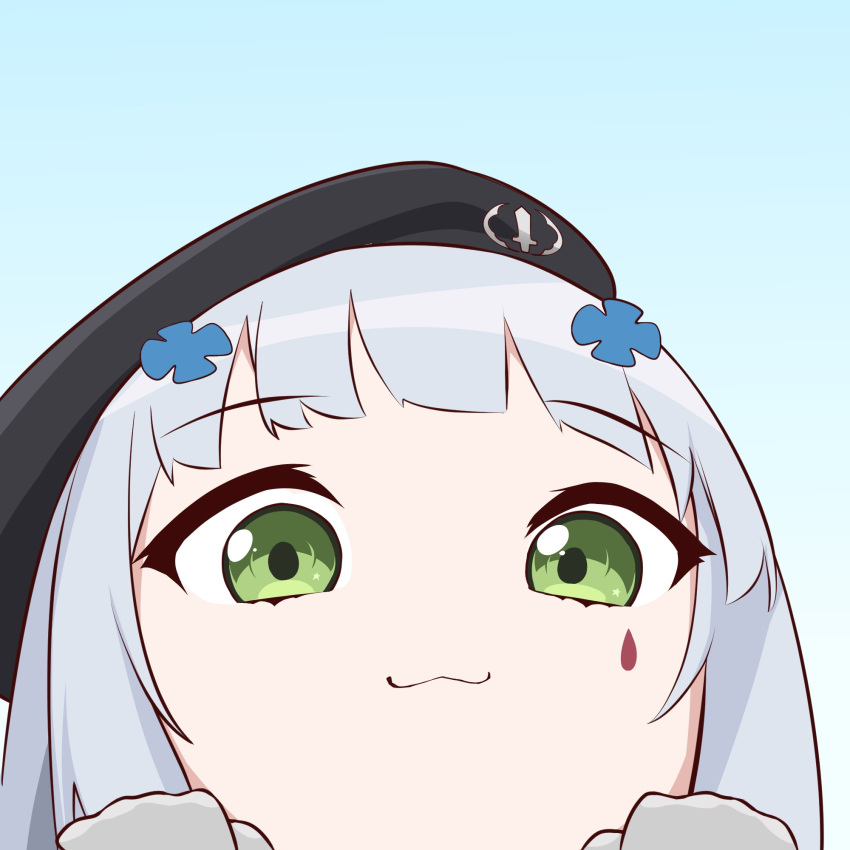 1girl :3 beret call_of_duty call_of_duty:_mobile chibi facial_mark girls_frontline green_eyes hat highres hk416_(girls'_frontline) narchiart simple_background tagme teardrop teardrop_facial_mark teardrop_tattoo