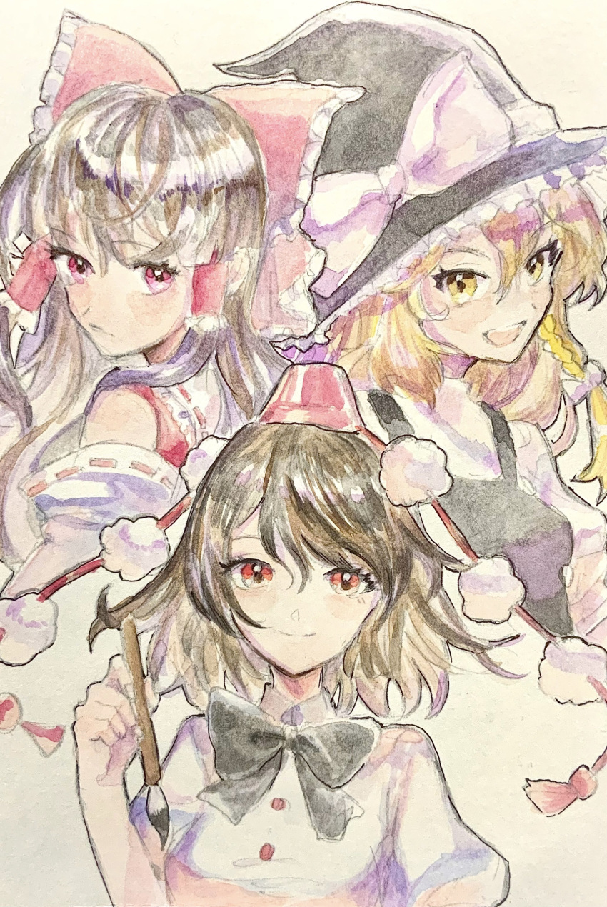 3girls :d absurdres black_bow black_bowtie black_headwear black_vest blonde_hair bow bowtie braid brown_eyes brown_hair calligraphy_brush closed_mouth collared_shirt cropped_torso detached_sleeves frilled_bow frilled_hair_tubes frills hair_bow hair_tubes hakurei_reimu hand_up hat hat_bow highres holding holding_brush kirisame_marisa long_hair looking_at_viewer looking_to_the_side medium_hair multiple_girls navybluesparrow paintbrush painting_(medium) pom_pom_(clothes) puffy_short_sleeves puffy_sleeves red_bow red_eyes red_headwear ribbon-trimmed_sleeves ribbon_trim shameimaru_aya shirt short_sleeves sidelocks simple_background single_braid smile tassel tokin_hat touhou traditional_media turtleneck upper_body vest watercolor_(medium) white_background white_bow white_shirt white_sleeves wide_sleeves witch_hat