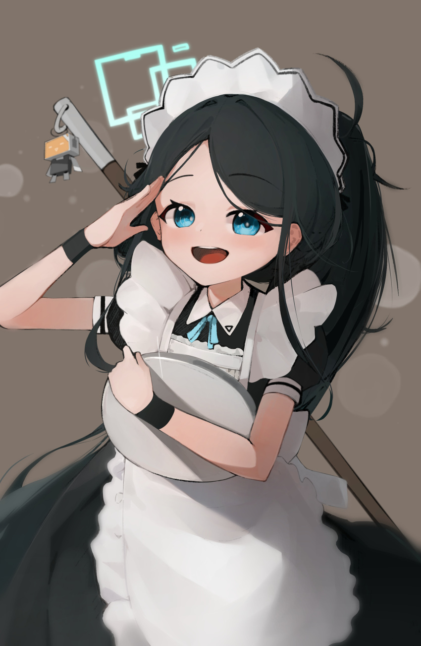 1girl absurdres apron aqua_ribbon aris_(blue_archive) aris_(maid)_(blue_archive) black_dress black_hair black_wrist_cuffs blue_archive blue_eyes charm_(object) commentary dress forehead frilled_apron frilled_sleeves frills halo high_ponytail highres koya_1001 long_hair looking_at_viewer maid maid_apron maid_headdress messy_hair mop neck_ribbon official_alternate_costume open_mouth parted_bangs puffy_short_sleeves puffy_sleeves ribbon salute short_sleeves simple_background smile solo standing teeth tray upper_teeth_only very_long_hair white_apron wrist_cuffs