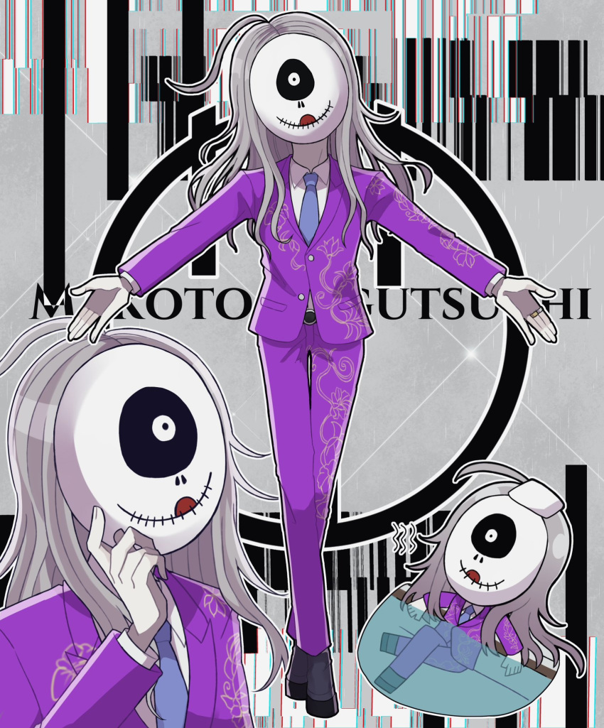 1boy ahoge blue_necktie character_name chibi collared_shirt covered_face floral_print full_body grey_hair hand_on_own_face highres ikuragunkandon jacket long_hair long_sleeves makoto_kagutsuchi male_focus mask master_detective_archives:_rain_code multiple_views necktie outstretched_arms pants purple_jacket purple_pants shirt standing suit white_shirt