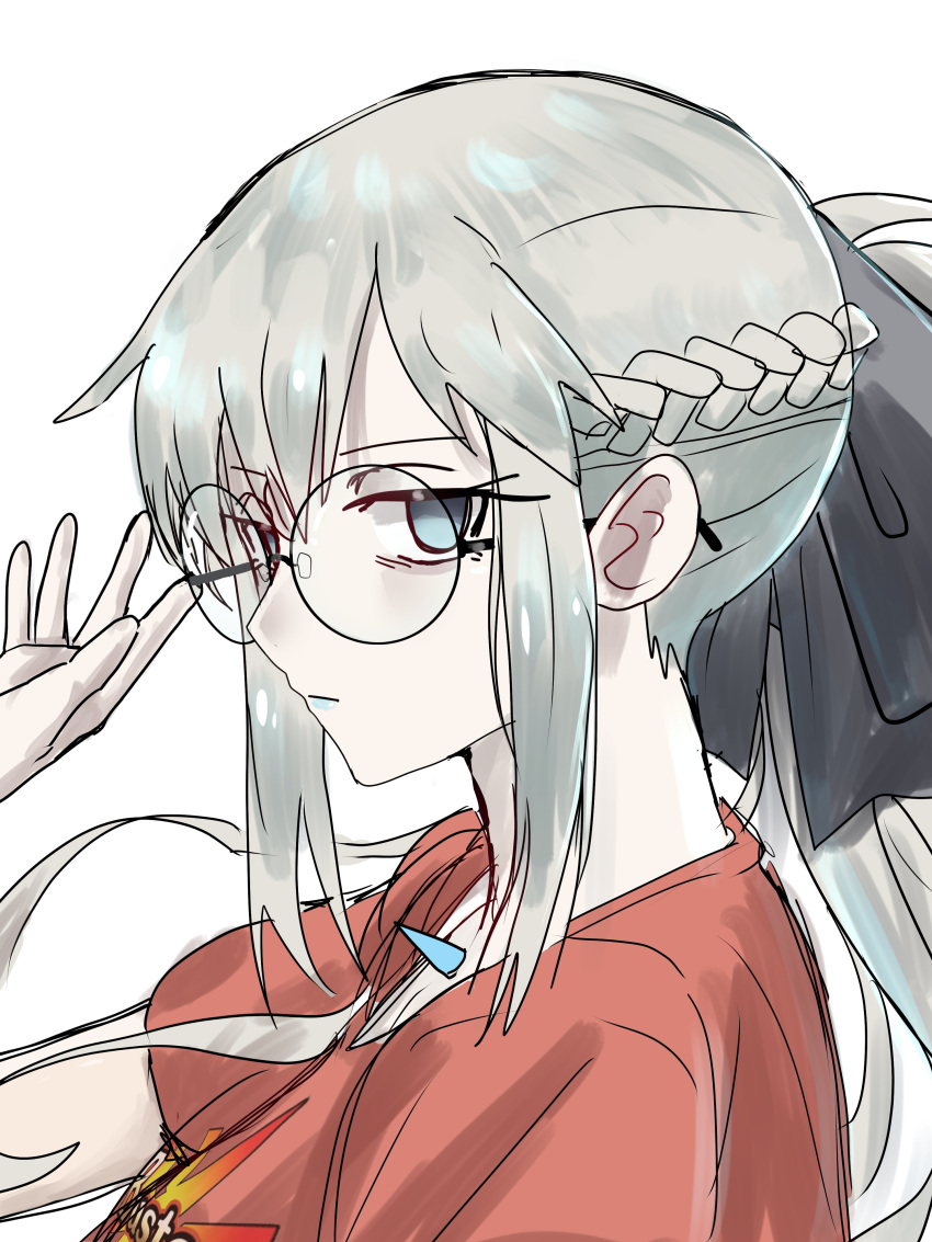 1girl absurdres adjusting_eyewear black-framed_eyewear black_bow blue_eyes blue_lips bow braid ebora fate/grand_order fate_(series) french_braid from_side glasses hand_on_eyewear highres looking_at_viewer morgan_le_fay_(fate) ponytail red_shirt round_eyewear shirt simple_background solo