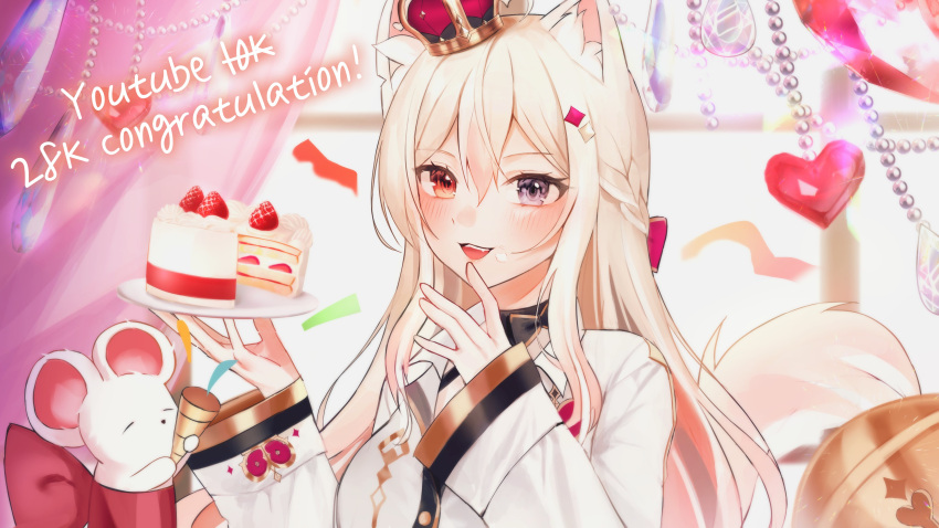 1girl absurdres animal_ear_fluff animal_ears blonde_hair blue_eyes breasts cake cake_slice cat_ears cat_tail congratulations crown food heterochromia highres large_breasts lee_jooin long_hair long_sleeves looking_at_viewer multicolored_hair official_art red_eyes shirt strawberry_shortcake streaked_hair tail v-lup virtual_youtuber white_hair white_shirt