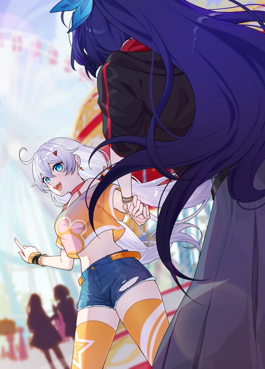 2girls absurdres back blue_eyes blurry blurry_background bow bracelet contemporary couple crop_top earrings hair_between_eyes hair_bow hair_ornament hairclip happy highres holding holding_hands honkai_(series) honkai_impact_3rd jacket jewelry kiana_kaslana lexingrakukouu long_hair looking_at_another looking_back multiple_girls open_mouth outdoors pointing ponytail purple_hair raiden_mei shorts thigh-highs torn_clothes torn_shorts twintails white_hair yuri