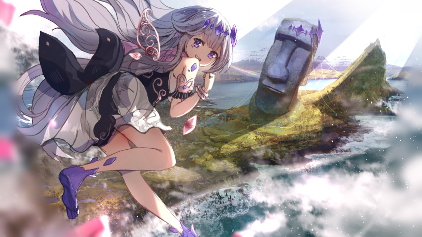 1girl :d advarcher barefoot beach clenched_hand clenched_teeth commentary crystal dress flying from_behind grey_hair hand_up highres hololive hololive_english island koseki_bijou leaning_forward light_particles long_hair looking_at_viewer moai mountainous_horizon multicolored_hair ocean scenery smile soles solo teeth toes vignetting violet_eyes virtual_youtuber white_dress wings