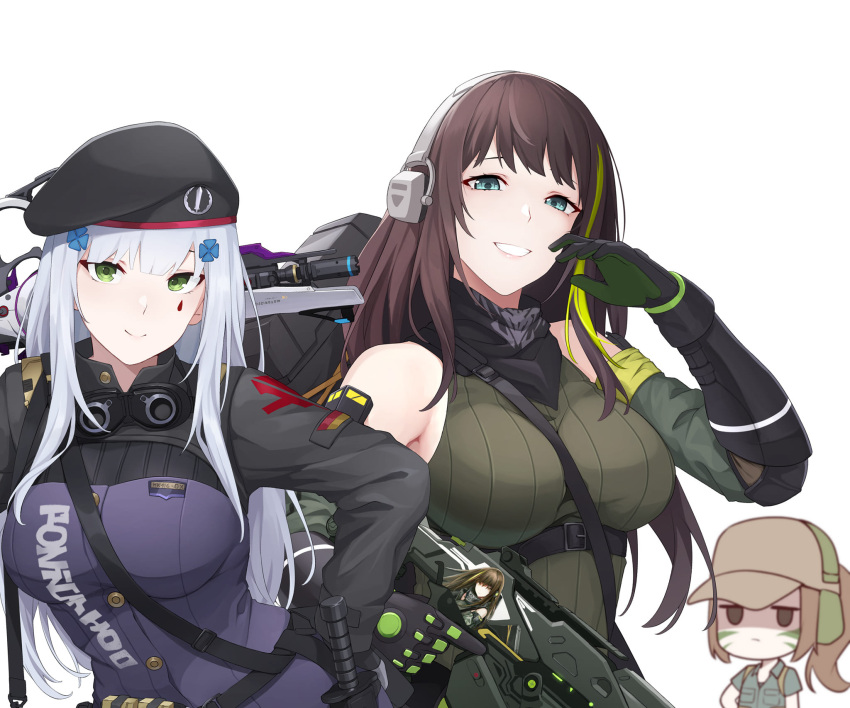 assault_rifle beret blunt_bangs breasts brown_eyes brown_hair call_of_duty call_of_duty:_mobile check_commentary chibi chibi_inset closed_mouth commentary commentary_request cosplay dusk_(call_of_duty:_mobile) facial_mark german_flag girls_frontline gloves goggles goggles_around_neck green_eyes green_hair grey_hair grey_tank_top gun hair_ornament hat highres hk416_(girls'_frontline) hk416_(girls'_frontline)_(cosplay) holding holding_gun holding_weapon jacket kestrel_(call_of_duty:_mobile) long_hair long_sleeves looking_at_viewer m4a1_(girls'_frontline) m4a1_(girls'_frontline)_(cosplay) m4a1_(mod3)_(girls'_frontline) mask multicolored_hair multiple_girls narchiart open_collar particle_cannon_case patrol_cap ponytail rifle simple_background skull_mask streaked_hair tank_top teardrop teardrop_facial_mark teardrop_tattoo urban_tracker_(call_of_duty:_mobile) very_long_hair weapon white_background