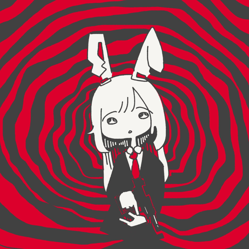 +_+ 1girl 3ma_can_omochi animal_ears collared_shirt commentary_request cropped_torso grey_background gun handgun highres holding holding_gun holding_weapon limited_palette locked_slide long_hair long_sleeves looking_at_object looking_down necktie parted_lips rabbit_ears rabbit_girl red_background red_necktie reisen_udongein_inaba shirt solo spiral_background suit tareme touhou two-tone_background weapon