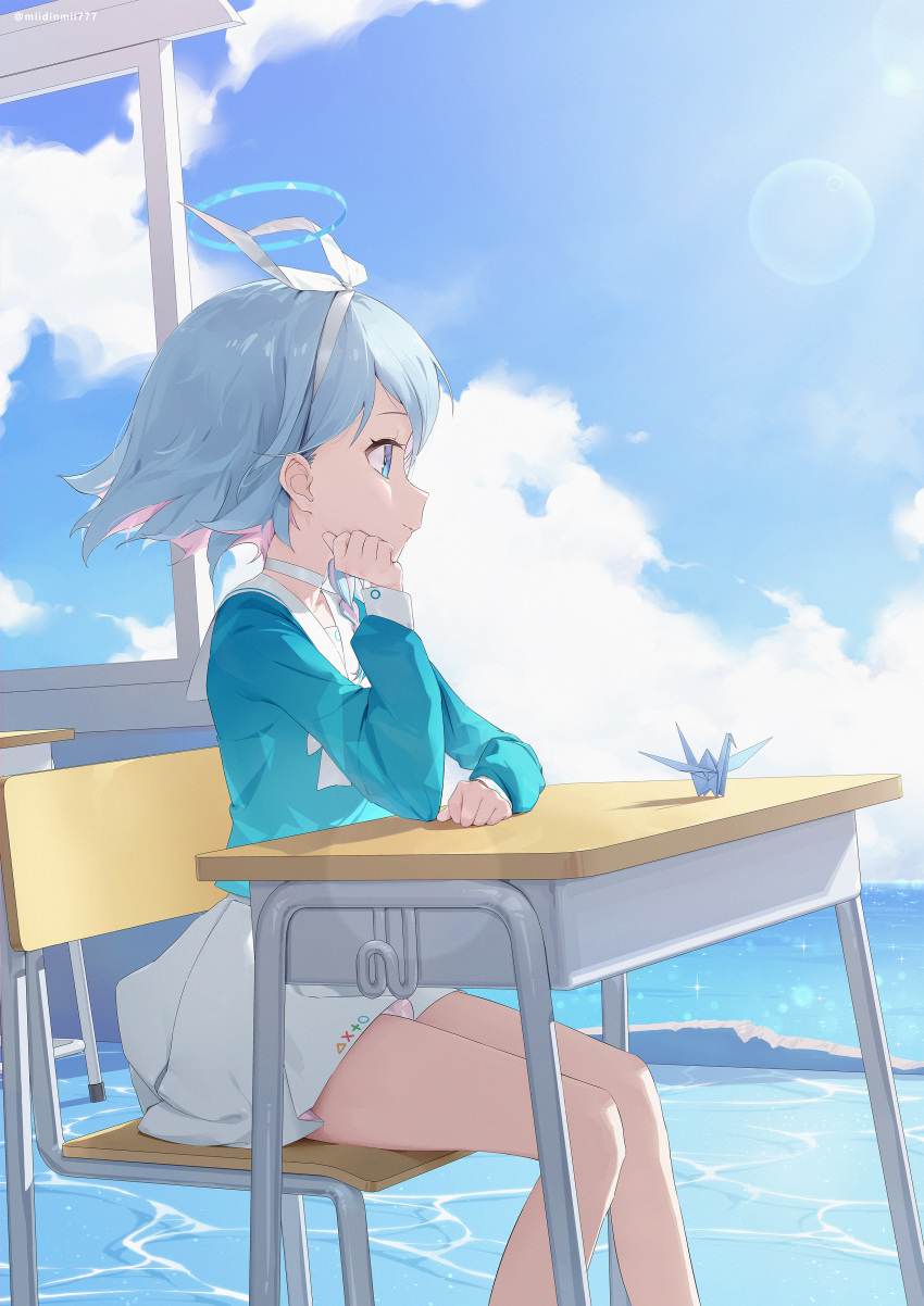 1girl absurdres arm_support arona_(blue_archive) bare_legs bei_liou blue_archive blue_eyes blue_hair blue_shirt bow bowtie broken_wall chair choker classroom day desk distracted from_side hair_ribbon hairband halo hand_on_own_cheek hand_on_own_face hand_on_table hands_up head_rest highres indoors knees_together_feet_apart long_sleeves looking_afar looking_to_the_side multicolored_hair origami paper_crane pink_hair pleated_skirt ribbon sailor_collar school_chair school_desk school_uniform serafuku shirt sitting skirt smile solo sunlight two-tone_hair wet_floor white_bow white_bowtie white_choker white_hairband white_ribbon white_skirt