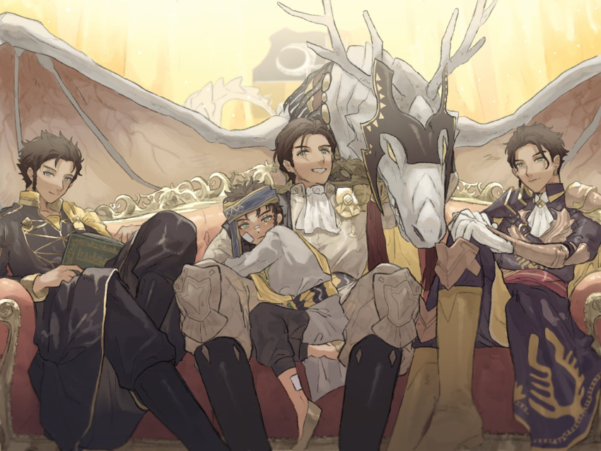 4boys aged_down armor ascot bandaid bandaid_on_face bandaid_on_nose black_coat black_pants book boots braid brown_hair cape capelet claude_von_riegan closed_mouth coat couch crossed_legs curtains dark-skinned_male dark_skin dragon earrings feet_out_of_frame fire_emblem fire_emblem:_three_houses fire_emblem_warriors:_three_hopes full_body garreg_mach_monastery_uniform gauze green_eyes grey_jacket grey_pants grin hair_slicked_back headband highres holding holding_book jacket jewelry long_sleeves looking_at_viewer male_child male_focus multiple_boys multiple_persona open_book pants parted_bangs petting poleyn ramuniku_ooo sash shoes short_hair shoulder_armor shoulder_cape side_braid sideburns sitting sleeve_cuffs smile tunic white_ascot white_tunic wyvern yellow_cape yellow_capelet yellow_footwear yellow_sash