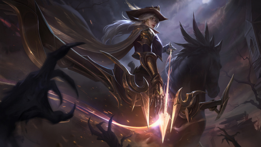 1girl absurdres alternate_costume armor armored_gloves arrow_(projectile) ashe_(league_of_legends) bow_(weapon) branch capelet clare_wong clouds cloudy_sky cowboy_hat cowgirl_(western) elbow_gloves english_commentary eyeshadow floating_hair gloves hat hat_feather high_noon_ashe highres holding holding_arrow horse incoming_attack league_of_legends light light_particles long_hair looking_at_viewer looking_back makeup moonlight night night_sky official_alternate_costume official_art outdoors parted_lips pink_lips shoulder_armor sitting sitting_on_animal sky solo tree weapon white_hair