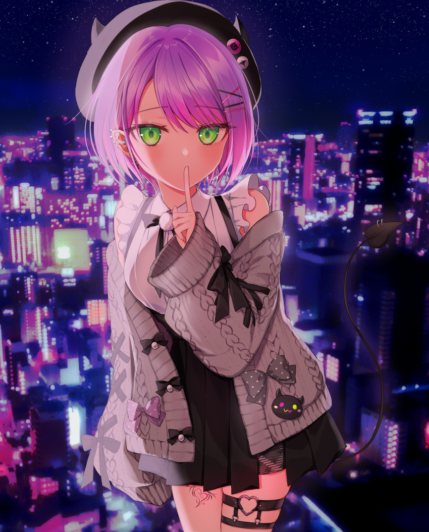 1girl absurdres beret blush city_lights cityscape commentary_request cowboy_shot demon_girl demon_tail ear_piercing finger_to_mouth green_eyes hat hat_pin highres hololive horned_hat ineka_ka jirai_kei leg_tattoo long_sleeves looking_at_viewer night official_alternate_costume piercing purple_hair short_hair shushing sleeves_past_fingers sleeves_past_wrists solo tail tail_ornament tail_piercing tattoo thigh_strap tokoyami_towa tokoyami_towa_(3rd_costume) virtual_youtuber
