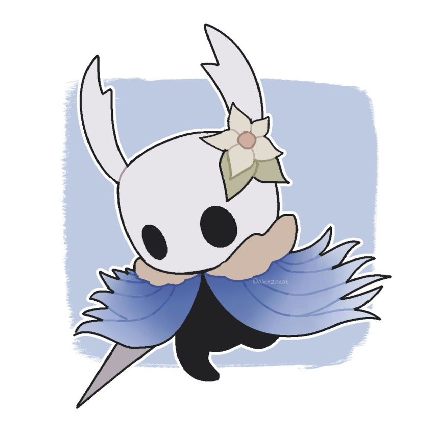 1other alicezakat alternate_costume artist_name black_eyes black_skin blank_eyes blue_background blue_cloak border cloak colored_skin commentary english_commentary flat_color flower full_body fur-trimmed_cloak fur_collar fur_trim hair_flower hair_ornament highres holding holding_weapon hollow_knight jaggy_lines knight_(hollow_knight) nail_(hollow_knight) other_focus outline outside_border simple_background solo standing twitter_username watermark weapon white_border white_outline yellow_flower