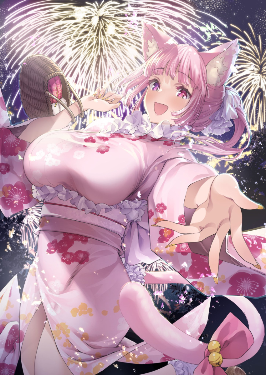 1girl aerial_fireworks animal_ears artist_request basket bell blunt_bangs bow breasts cat_ears cat_girl cat_tail center_frills check_artist fingernails fireworks floral_print flower_in_eye frills hair_ribbon heterochromia highres huge_breasts indie_virtual_youtuber japanese_clothes kimono legs looking_at_viewer nail_polish night night_sky open_hand open_mouth pink_bow pink_eyes pink_hair pink_kimono pink_sash pink_tail ponytail print_kimono raised_eyebrows ribbon sash second-party_source sky smile solo standing symbol_in_eye tail tail_bell tail_bow tail_ornament tenshouin_himeno thomasz tree violet_eyes virtual_youtuber white_ribbon wide_sleeves yellow_nails