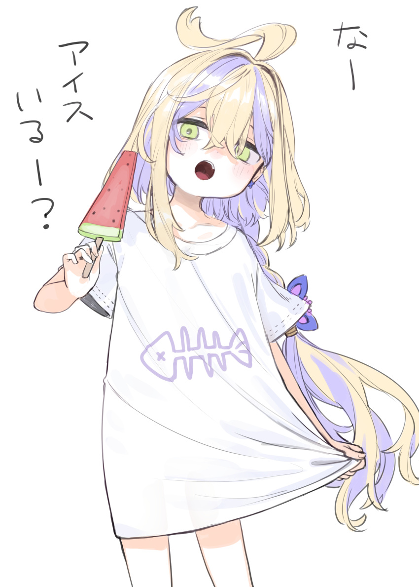1girl absurdres ahoge blonde_hair blush fish_bone_print food green_eyes hair_between_eyes highres holding holding_food long_hair looking_at_viewer multicolored_hair open_mouth original oversized_clothes oversized_shirt popsicle purple_hair shirt short_sleeves signalviolet simple_background solo t-shirt translated very_long_hair watermelon_bar white_background white_shirt