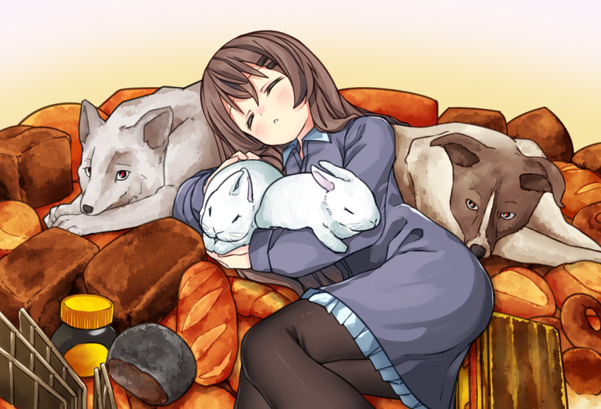 1girl animal ash_arms baguette blush bread brown_hair closed_eyes collared_dress dog dress feet_out_of_frame food hair_ornament hairclip highres holding holding_animal loaf_of_bread long_hair marfusha marfusha_(marfusha) marmite mutsuki_nekohachi pantyhose parted_lips rabbit red_eyes sleeping solo
