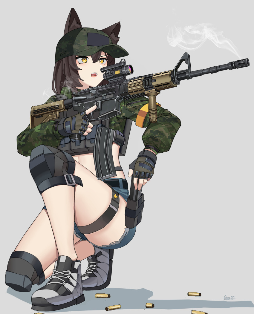 1girl absurdres animal_ears artist_name assault_rifle blue_shorts brown_hair camouflage commission denim denim_shorts fingerless_gloves fox_ears fox_girl gar32 gloves green_gloves green_headwear green_jacket grey_background gun h&amp;k_hk416 hat highres jacket long_sleeves military_hat original reloading rifle shell_casing shorts smoke smoking_gun solo squatting thighs weapon woodland_camouflage yellow_eyes