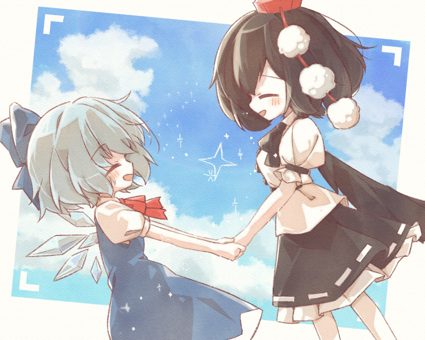 2girls black_bow black_bowtie black_ribbon black_skirt black_wings blue_bow blue_dress blue_hair blue_sky bow bowtie breasts brown_hair cirno closed_eyes clouds cloudy_sky cowboy_shot detached_wings dress dutch_angle facing_another feet_out_of_frame fittoti_ne frilled_skirt frills hair_bow happy hat holding_hands ice ice_wings medium_breasts medium_hair multiple_girls open_mouth pinafore_dress pom_pom_(clothes) puffy_short_sleeves puffy_sleeves red_bow red_bowtie red_headwear ribbon ribbon-trimmed_skirt ribbon_trim shameimaru_aya shirt short_hair short_sleeves skirt sky sleeve_ribbon sleeveless sleeveless_dress small_breasts smile tokin_hat touhou viewfinder white_ribbon white_shirt wings