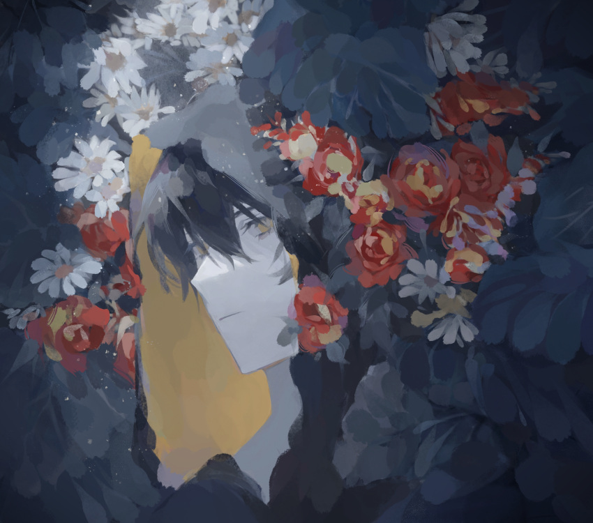 1boy black_cloak black_hair chinese_commentary cloak commentary_request empty_eyes floral_background highres hood hooded_cloak klein_moretti kunmian looking_at_viewer lord_of_the_mysteries out_of_frame shaded_face short_hair solo yellow_eyes