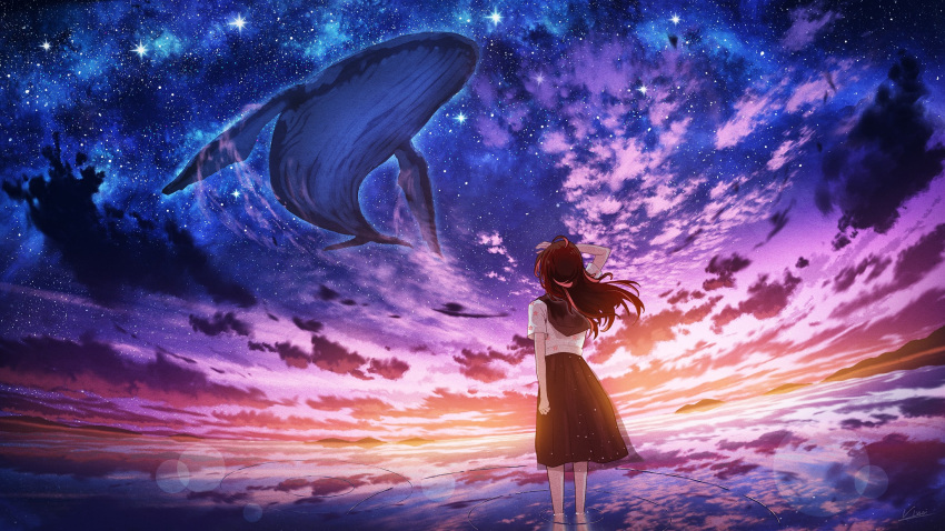 1girl ahoge arm_at_side bare_legs black_sailor_collar black_skirt brown_hair clouds cloudy_sky commentary dusk evening facing_away fantasy floating_hair floral_print flying_whale from_behind highres lake long_hair long_skirt milky_way original outdoors pleated_skirt print_shirt reflection reflective_water ripples sailor_collar scenery school_uniform serafuku shading_eyes shirt signature skirt sky solo star_(sky) starry_sky straight_hair vinci_v7 wading whale white_shirt wide_shot