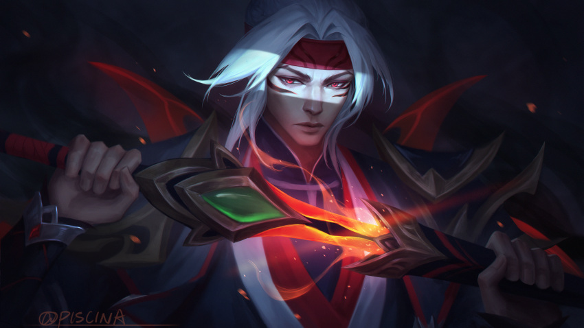 1boy absurdres armor artist_name facial_tattoo glowing glowing_sword glowing_weapon headband highres holding holding_weapon league_of_legends long_hair long_sleeves looking_at_viewer male_focus piscina red_eyes red_headband sheath tattoo unsheathing upper_body weapon white_hair zed_(league_of_legends)