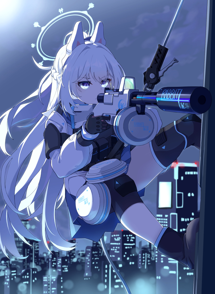 1girl animal_ear_headphones animal_ears blue_archive blue_halo bulletproof_vest city city_lights clov3r fake_animal_ears gun halo headphones highres holding holding_gun holding_weapon long_hair miyako_(blue_archive) night night_sky rabbit_ear_headphones sky solo tactical_clothes violet_eyes weapon white_hair