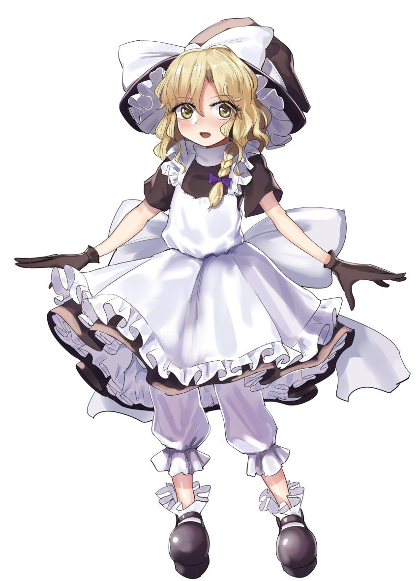 1girl absurdres apron back_bow black_dress black_gloves blonde_hair bloomers boots bow braid dress frilled_boots frilled_hat frills full_body gloves gunnjou_yosio hair_bow hat hat_bow highres kirisame_marisa long_hair looking_at_viewer open_mouth purple_bow single_braid solo touhou underwear white_apron white_background white_bloomers white_bow witch_hat yellow_eyes