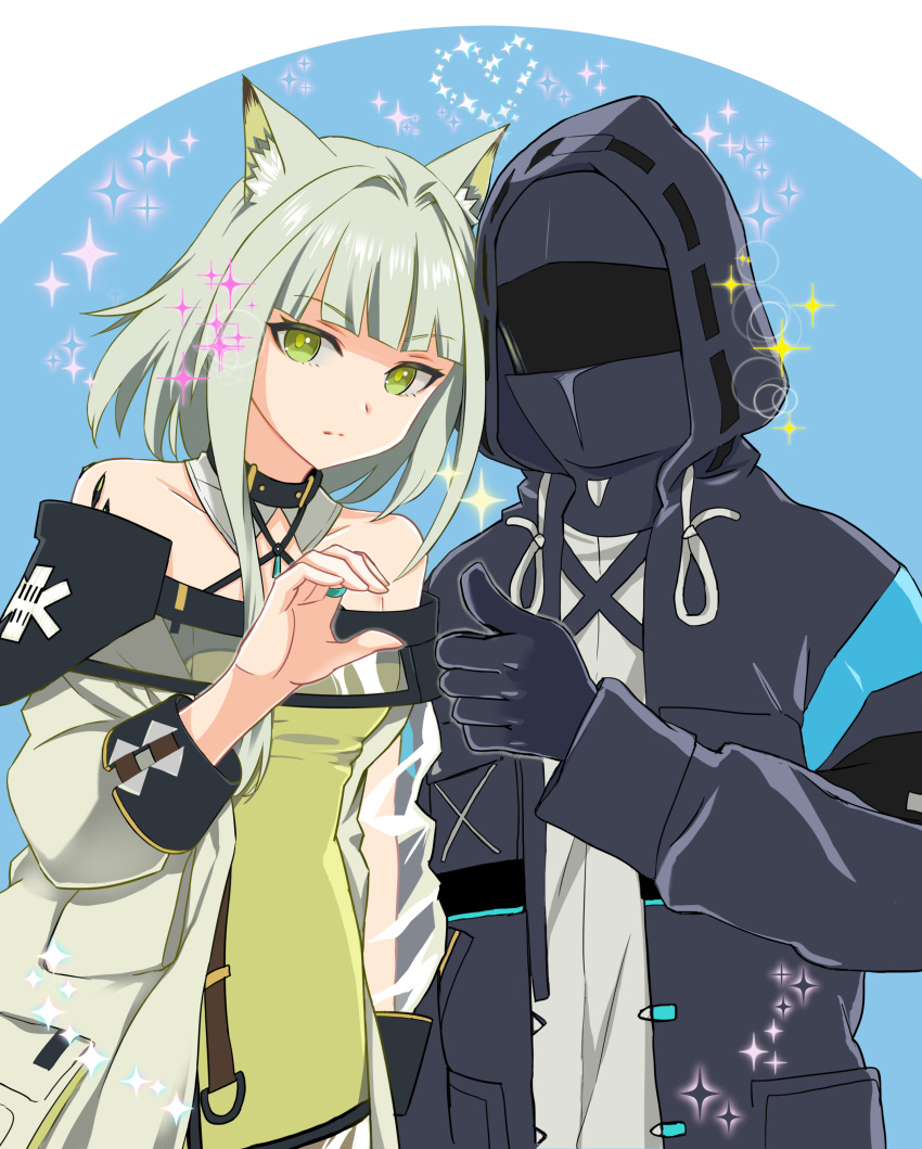 1girl 1other absurdres ambiguous_gender animal_ear_fluff animal_ears arknights asymmetrical_sidelocks bare_shoulders black_coat black_gloves breasts cat_ears cat_girl closed_mouth coat collarbone comiket_102 commentary cowboy_shot doctor_(arknights) dress gloves green_coat green_dress green_eyes green_hair hair_intakes heart_hands_failure highres hood hood_up hooded_coat jewelry kal'tsit_(arknights) kantaro long_hair long_sleeves looking_at_viewer off-shoulder_dress off_shoulder open_clothes open_coat ring sidelocks small_breasts white_background