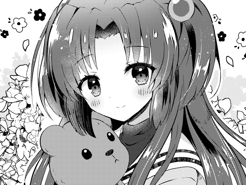 1girl aiyan blush clannad close-up closed_mouth commentary_request eyelashes floral_background greyscale hair_bobbles hair_ornament highres ichinose_kotomi long_hair looking_at_viewer monochrome parted_bangs school_uniform sidelocks simple_background smile solo stuffed_animal stuffed_toy teddy_bear two_side_up white_background