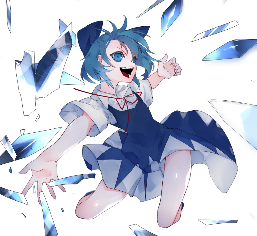 1girl blue_bow blue_dress blue_eyes blue_hair bow cirno collared_shirt detached_wings dress evil_smile glass_shards hair_bow highres ice ice_wings ikurauni neck_ribbon open_mouth pinafore_dress red_ribbon ribbon shirt short_hair short_sleeves simple_background sleeveless sleeveless_dress smile solo teeth touhou white_background white_shirt wings