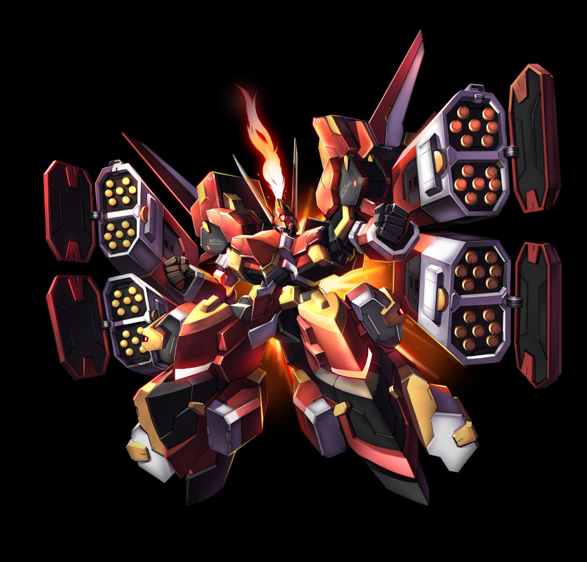 black_background clenched_hands commentary english_commentary extra_eyes fire flame glowing glowing_eyes highres looking_at_viewer machi_(kjj6997) master_of_eternity mecha missile_pod muspel_(master_of_eternity) no_humans red_eyes robot science_fiction simple_background solo
