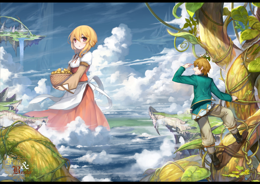 1boy 1girl akizone apron basket blonde_hair blue_eyes bodice brown_hair climbing clouds commentary dirndl dress egg floating_island food german_clothes giant giantess golden_egg holding holding_basket jack_and_the_beanstalk landscape long_sleeves original red_eyes short_hair size_difference waist_apron water waterfall