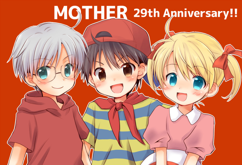 1girl 2boys :d ahoge ana_(mother) anniversary backwards_hat baseball_cap black_hair blonde_hair blue_eyes blue_shirt blush bow brown_eyes chana_gon closed_mouth collared_dress commentary_request copyright_name dress glasses grey_hair hair_between_eyes hair_bow hat hood hood_down hoodie lloyd_(mother) looking_at_viewer mother_(game) mother_1 multiple_boys neckerchief ninten open_mouth outline parted_bangs pink_dress puffy_short_sleeves puffy_sleeves red_background red_bow red_headwear red_hoodie red_neckerchief shirt short_hair short_sleeves sidelocks simple_background smile striped striped_shirt t-shirt twintails two-tone_shirt upper_body v-shaped_eyebrows white_outline yellow_shirt