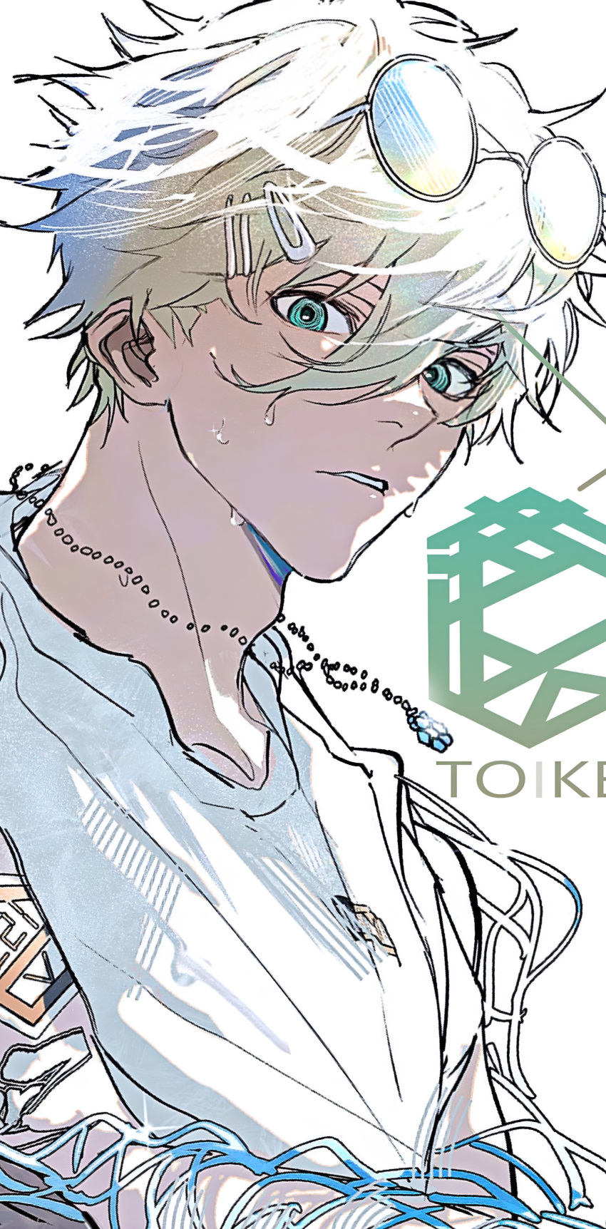 1boy absurdres alternate_costume blue_lock bo_toike57 dappled_sunlight floating_hair green_eyes hair_between_eyes hair_ornament hairclip highres jewelry looking_at_viewer male_focus nagi_seishirou necklace parted_lips shirt short_hair sidelocks simple_background solo sunglasses sunlight sweat sweatdrop upper_body white_background white_hair