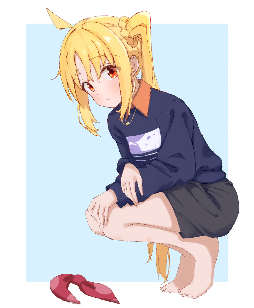 1girl absurdres ahoge barefoot black_shorts blonde_hair blue_background blue_shirt bocchi_the_rock! border commentary_request full_body hair_ornament hair_scrunchie highres ijichi_nijika jewelry long_hair long_sleeves looking_at_viewer necklace red_eyes ribbon_removed scrunchie shirt shorts side_ponytail sidelocks solo spell_phd squatting white_border yellow_scrunchie