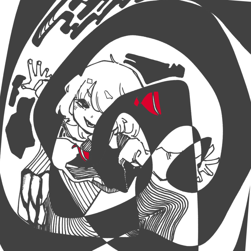 1girl 3ma_can_omochi abstract ascot collared_shirt commentary disembodied_mouth from_above greyscale hair_ribbon half-closed_eyes highres light_blush long_sleeves looking_at_viewer looking_up monochrome one_eye_covered outstretched_arms red_ascot red_ribbon ribbon rumia sharp_teeth shirt short_eyebrows short_hair skirt smile solo spiral spot_color spread_arms teeth touhou v-shaped_eyebrows vest
