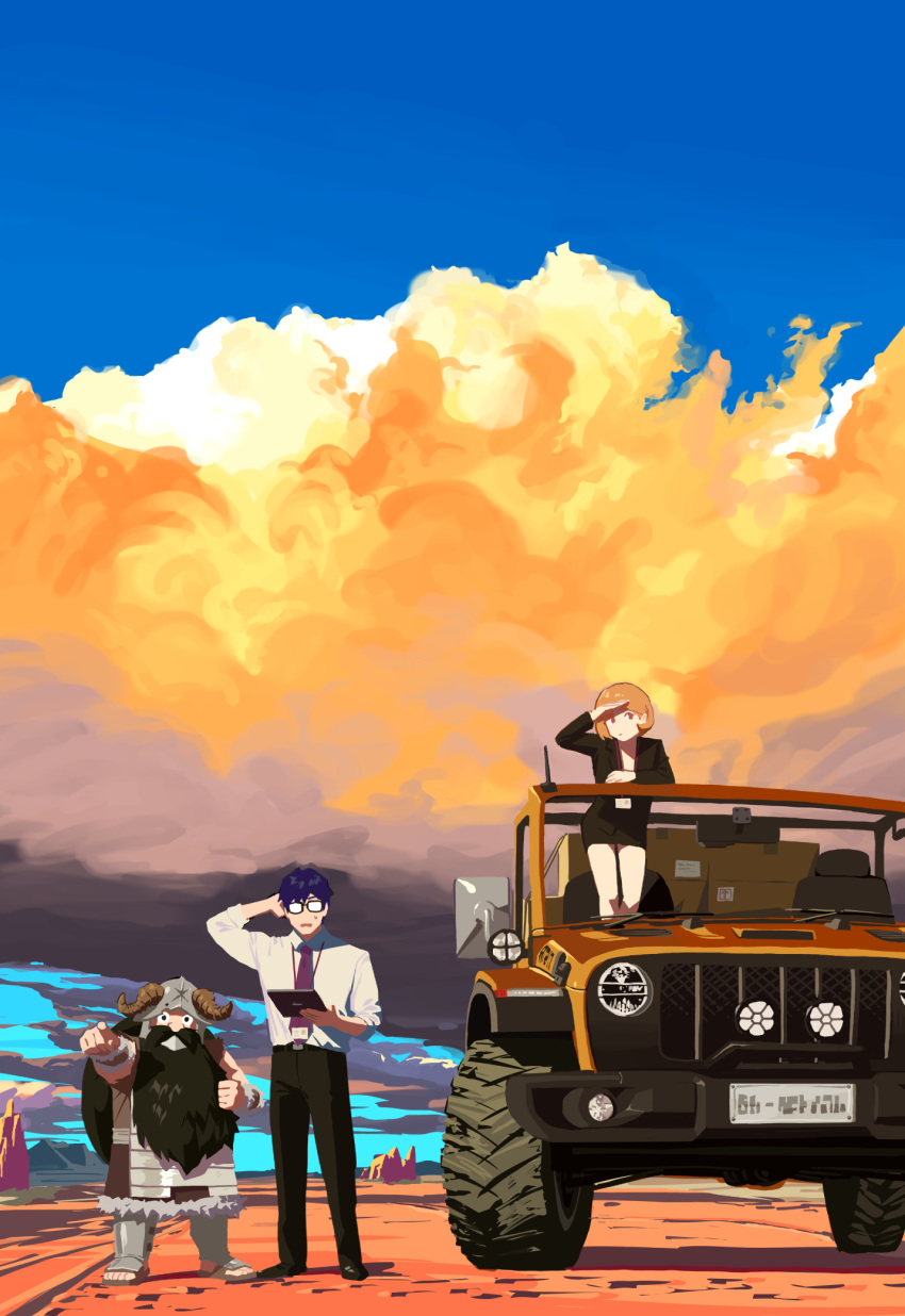 1girl 2boys arm_support beard black_jacket black_skirt blazer blue_sky box brown_hair car cardboard_box clouds cloudy_sky dwarf evening facial_hair full_body glasses hand_on_own_head helmet highres holding holding_tablet_pc horizon horns jacket jeep leaning_forward long_beard looking_at_viewer motor_vehicle multiple_boys original outdoors outstretched_arm pant_suit pants pencil_skirt pointing purple_hair road scenery sekoshi_(some1else45) shading_eyes short_hair sidelocks skirt sky some1else45 standing suit sweatdrop tablet_pc