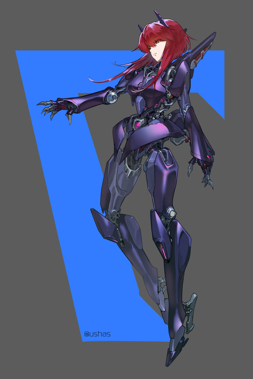 1girl arm_at_side blue_background breasts commentary_request full_body grey_background high_heels highres joints medium_breasts original reaching red_eyes redhead robot_girl robot_joints science_fiction short_hair_with_long_locks solo two-tone_background ushas