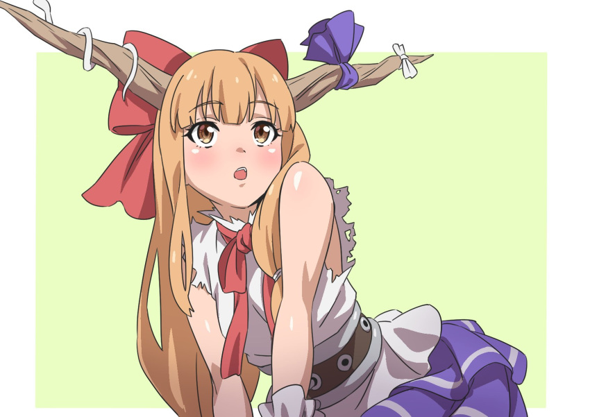 1girl bow brown_eyes green_background gyouza_(mhea5724) hair_bow highres horns ibuki_suika long_hair looking_to_the_side oni_horns open_mouth orange_hair purple_bow purple_skirt red_bow shirt skirt sleeveless sleeveless_shirt solo torn_clothes torn_shirt touhou white_bow white_shirt