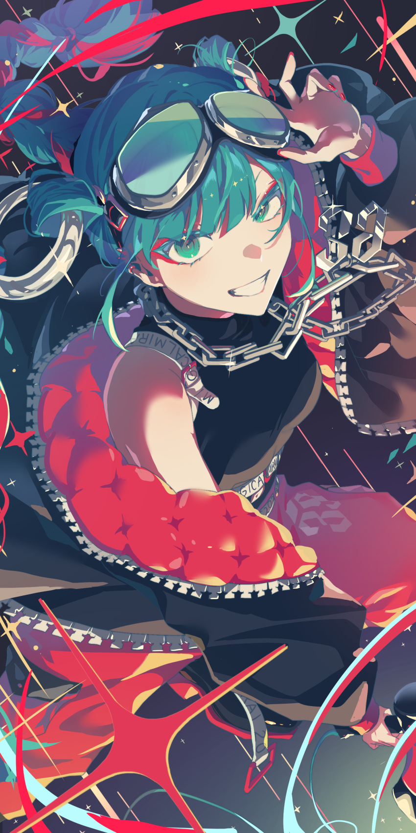 1girl 39 absurdres adjusting_goggles aqua_eyes aqua_hair black_jacket black_skirt braid braided_ponytail breasts chain chain_necklace commentary goggles goggles_on_head grin hatsune_miku highres holding holding_megaphone jacket jewelry kkkkirkir long_hair long_sleeves looking_at_viewer looking_up magical_mirai_(vocaloid) magical_mirai_miku magical_mirai_miku_(2023) medium_breasts megaphone necklace pendant red_nails single_bare_shoulder single_braid skirt smile solo two-sided_fabric two-sided_jacket upper_body vocaloid