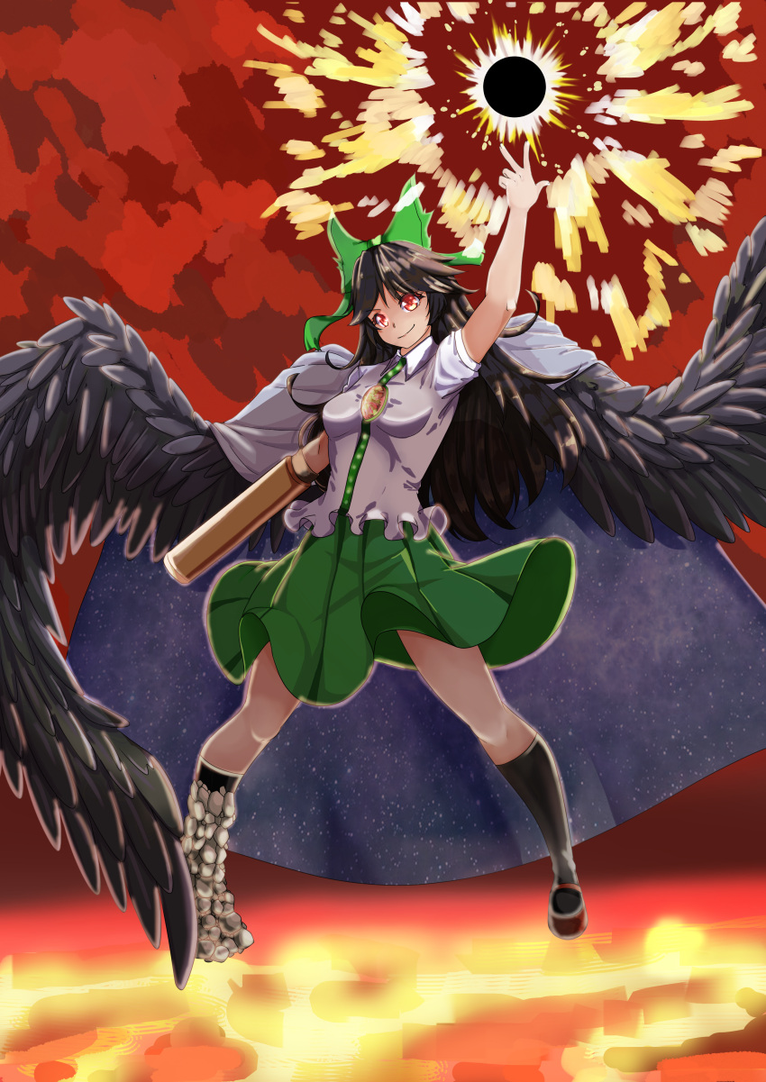 1girl absurdres arm_cannon asymmetrical_footwear bird_wings black_hair black_sun black_wings bow closed_mouth collared_shirt commentary full_body green_bow green_skirt hair_bow highres kyoto_kiranami long_hair mismatched_footwear red_eyes reiuji_utsuho shirt short_sleeves skirt smile solo standing sun third_eye touhou weapon white_shirt wings