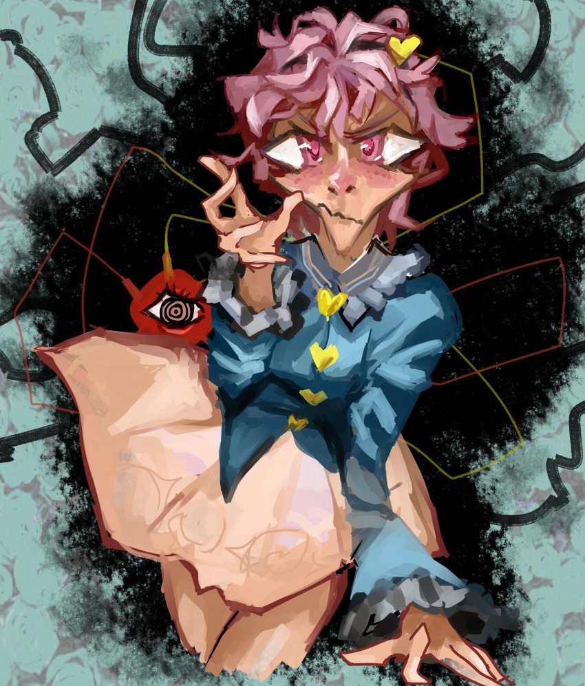 1girl abstract absurdres aqua_background black_hairband blouse blue_shirt breasts closed_mouth confused cowboy_shot envicement freckles frilled_shirt_collar frilled_sleeves frills hairband hand_up heart highres komeiji_satori long_sleeves looking_at_viewer non-web_source pink_eyes pink_hair pink_skirt self-upload shirt short_hair simple_background skirt small_breasts solo staring third_eye touhou v-shaped_eyebrows