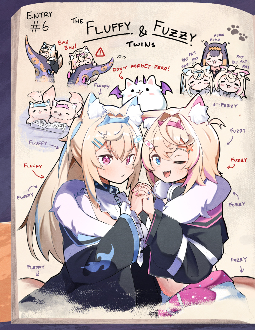 :3 :d animal_ear_fluff animal_ears arrow_(symbol) blonde_hair blue_eyes blue_hair blue_nails book chibi collar cropped_jacket cropped_torso dog_ears dog_girl english_text fang fur-trimmed_jacket fur_trim fuwawa_abyssgard hair_ornament headpat headphones headphones_around_neck highres holding_hands hololive hololive_english interlocked_fingers jacket long_hair looking_at_viewer midriff mococo_abyssgard multicolored_hair navel ninomae_ina'nis no_humans one_eye_closed open_book open_mouth parted_lips paw_print perroccino_(fuwamoco) pink_eyes pink_hair pink_nails reading siblings sisters smile streaked_hair taiyo_sketches tentacles twins virtual_youtuber x_hair_ornament