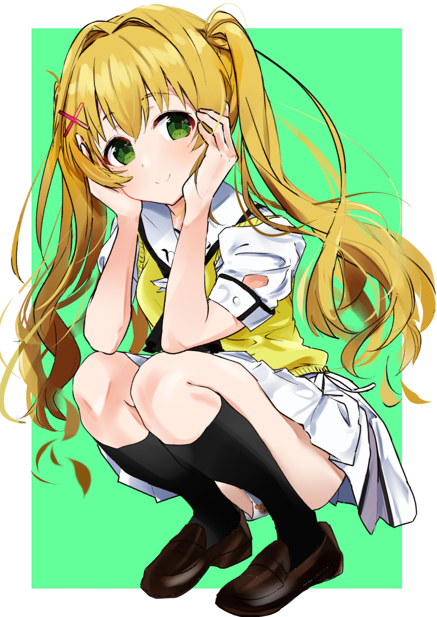 1girl absurdres ascot black_ascot black_socks blonde_hair blush brown_footwear closed_mouth commentary_request floating_hair full_body green_background green_eyes hair_between_eyes hair_intakes hair_ornament hands_on_own_cheeks hands_on_own_face highres loafers long_hair looking_at_viewer miniskirt pleated_skirt puffy_short_sleeves puffy_sleeves sailor_collar school_uniform shirt shoes short_sleeves simple_background skirt smile socks solo squatting summer_pockets sweater_vest thighs tsumugi_wenders twintails very_long_hair white_sailor_collar white_shirt white_skirt x_hair_ornament yellow_sweater_vest zenoo