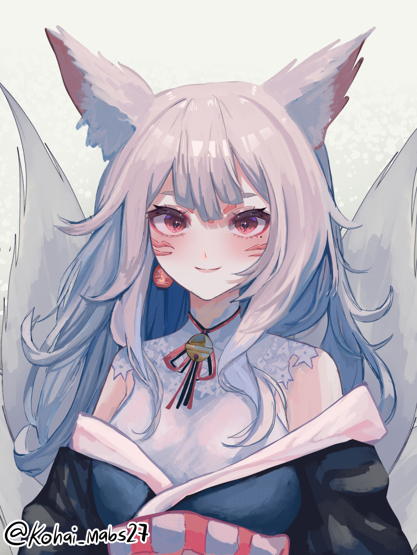 1girl absurdres animal_ear_fluff animal_ears bell black_kimono black_ribbon blush breasts closed_mouth commentary earrings facial_mark fox_ears fox_girl fox_tail grey_hair grey_tail highres japanese_clothes jewelry jingle_bell kimono kohaimabs long_hair long_sleeves looking_at_viewer medium_breasts mole mole_under_eye multiple_tails neck_bell neck_ribbon nijisanji nijisanji_en nina_kosaka obi off_shoulder portrait red_eyes red_ribbon ribbon sash smile solo tail twitter_username upper_body virtual_youtuber whisker_markings white_background